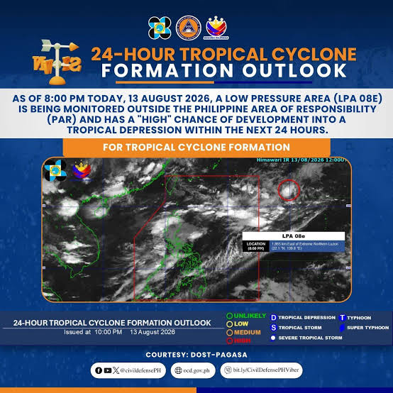 Low Pressure area (LPA 08e) monitored outside Philippine Area of Responsibility with 'MEDIUM' chance of tropical depression within 24 hours; DOST-PAGASA advises monitoring updates