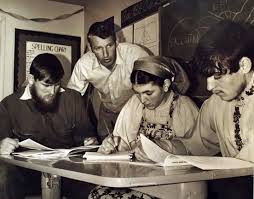 Russian Old Believers take a U.S. naturalization course in 1975 from Kenai Peninsula Community College. From left are Kiril Martushev, instructor Bob Moore, ... - cf-b-moore-teaches-naturalization-2