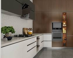 Image of Black and white with wood accents modular kitchen