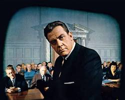 Perry Mason 1957 TV series Raymond Burr as Perry Mason Barbara Hale as Della Street William Hopper as Paul Drake courtroom scenes black and white television stills CBS show, AI generated