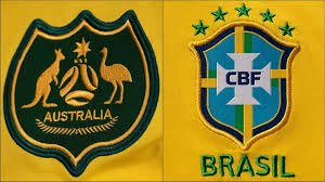 Australia and Brazil soccer teams facing off in an international friendly