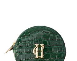 Image of rich emerald green leather clutch with croc embossment