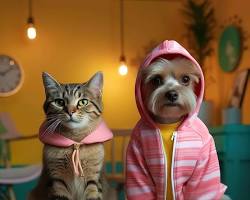 dog and a cat wearing clothesの画像