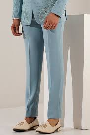 Aqua Blue Japanese Lycra Hand Embroidered Tuxedo Set by Zoop Men at Pernia's Pop Up Shop 2025 - Product from Pernia's Pop Up Shop