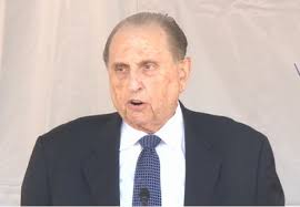 President Thomas S. Monson speaks at the groundbreaking for the Hartford Connecticut Temple on August 17. Photo by Nicolas Carrasco. - thomas-s-monson-groundbreaking-2