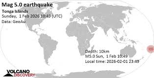Strong mag. 5.0 earthquake - South Pacific Ocean, 110 km east of 'Eua Island, Eua, Tonga, on Sunday, Feb 1, 2026, at 11:49 pm (GMT +13)
