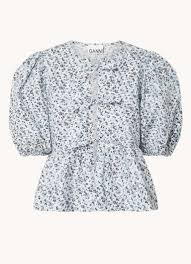 Ganni Top van biologisch katoen met strikdetails en pofmouw • Blauw • de Bijenkorf