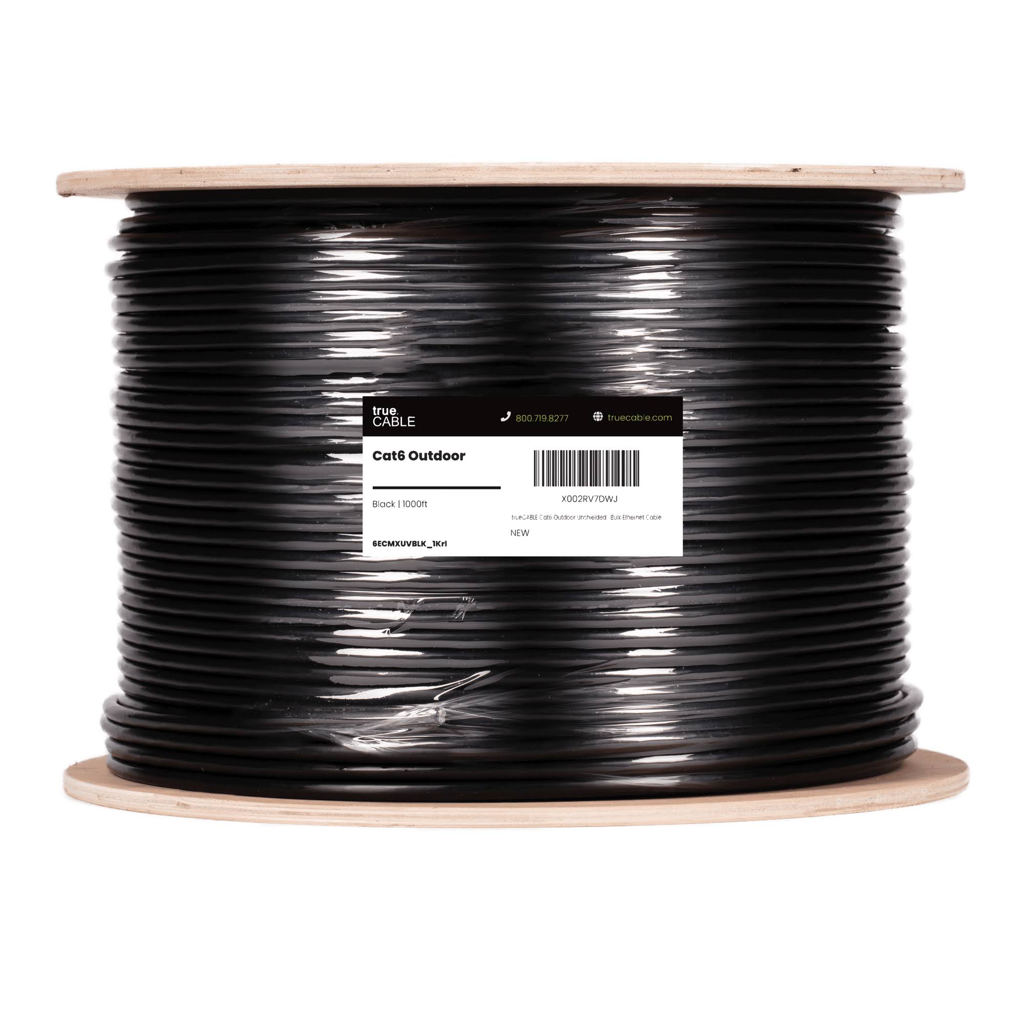 trueCABLE Cat6 Outdoor Unshielded UTP 1000ft UV Resistant Aerial Cmx Rated Black 23AWG Solid Bare Copper 550MHz PoE 4