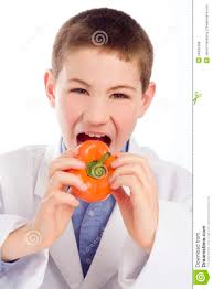 Boy / young man opening his mouth to take a bite of a bright orange pepper. The youth is wearing a lab smock and nice shirt. Image is isolated on white. - boy-lab-smock-eating-pepper-24595488
