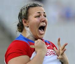Russia&#39;s Anna Avdeyeva reacts after competing in the shot put at the European Athletics Championships at the Olympic Stadium in Barcelona July 27. - bs11