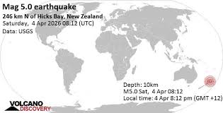 Fuerte terremoto magnitud 5.0 - 321 km al noreste de Whakatane, Bay of Plenty, Nueva Zelanda, sábado 4 abr 2026 a las 20:12 (GMT +12)