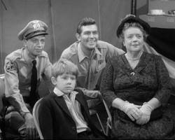 Andy Griffith Show 1960 TV series Andy Griffith as Andy Taylor Don Knotts as Barney Fife Ron Howard as Opie Frances Bavier as Aunt Bee Mayberry black and white television stills CBS show, AI generated