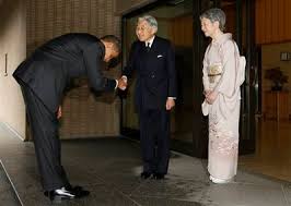 President Obama bowing remarkably low to Japanese Emperor Akihito (center) with Empress Michiko (right).