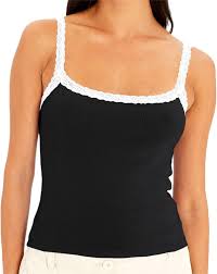 Womens Sexy Lace Trim Camisole Spaghetti Strap Tank Tops Y2k Slim Fit Corset Cami Going Out Streetwear Ruffle Night Club Casual Street Aesthetic Coquette Summer Crop Tops (Lace Black, S) at Amazon