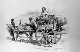 Enfants du peuple sur une charrette tirée par un âne. Gravure sicilienne du 19e siècle