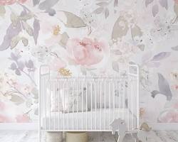 Image of Blush pink with watercolor florals on light gray nursery wallpaper