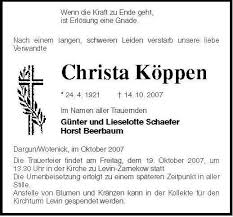 Christa Köppen-- 24. 4. 1921 | Nordkurier Anzeigen