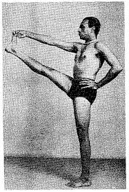 Extended hand-to-big-toe posture(standing on one leg with the raised foot kicked out at chest- or head-height, gripping the big toe with the hand that's on the same side)