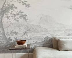 Image of Living room mural with gentle landscape scene