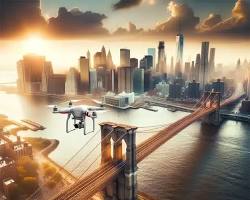 Image of drones soaring over a vibrant city skyline