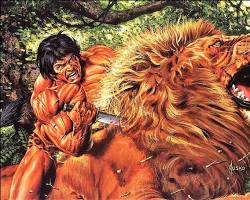 Tarzan battling a lion