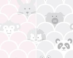 Image of Animals in pink and gray nursery wallpaper