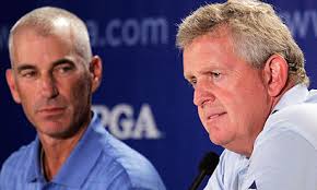 The American and European Ryder Cup captains, Corey Pavin and Colin Montgomerie, answer questions before the US PGA Championship. Photograph: Jae C Hong/AP - Corey-Pavin-Colin-Montgom-006