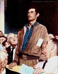 Image of Norman Rockwell's artwork. shows a man standing at a town hall meeting.