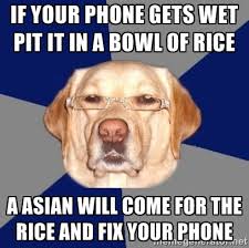 if your phone gets wet pit it in a bowl of rice a Asian will come ... via Relatably.com