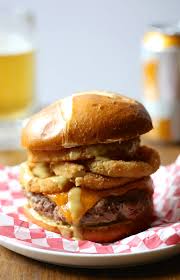 foodie fridays: juicy ball park burger with onion rings & mustard beer ...