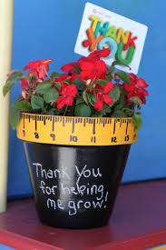 A vase filled with flowers  and a school ruler painter on it with text below it sitting on a table.