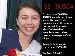 Gabriela Torres desapareció ayer y fue vista por última vez en la Universidad Santo Tomas. (Facebook). Comentar; Twittear &middot; Compartir &middot; +1 - file_20131112123335