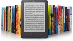 Image of an e-book reader in front of print books.