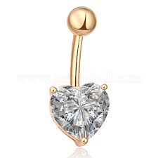 Real 18K Gold <br>Plated Body Jewelry Heart Cubic Zirconia Brass Navel Ring Belly Rings, Clear, 25x10mm