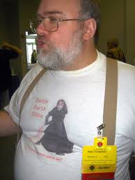 ... I met some younger writers, Daryl Gregory, Andy Tisbert, Jack Mangan, Cody Goodfellow, and Chris Roberson. [A fan with a funny T-shirt he designed.] - sfjarjar