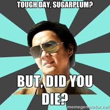 Tough day, sugarplum? But, did you die? - mr chow | Meme Generator via Relatably.com