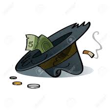 Image result for begging hat containing a few coins