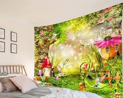 Image of 3D ceiling mural of fairy tale forest with mushrooms and animals for bedroom