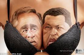 ... yang paling tidak mungkin untuk bersama-sama dengan lukisan potret mereka pada payudara wanita, di sini George Bush dan Hugo Chavez benjolan kepala - article-2382063-1B166083000005DC-946_634x421