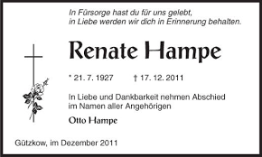 Renate Hampe-- 21. 7. 1927 1 | Nordkurier Anzeigen - 006111778301
